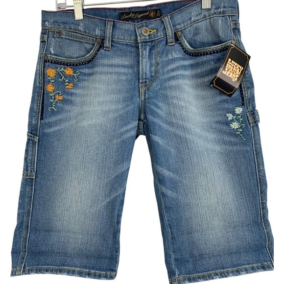 Lucky Legend LR Sister Workman Bermuda Shorts Size 6/28 Denim Embroider RDD10677 - Picture 11 of 11